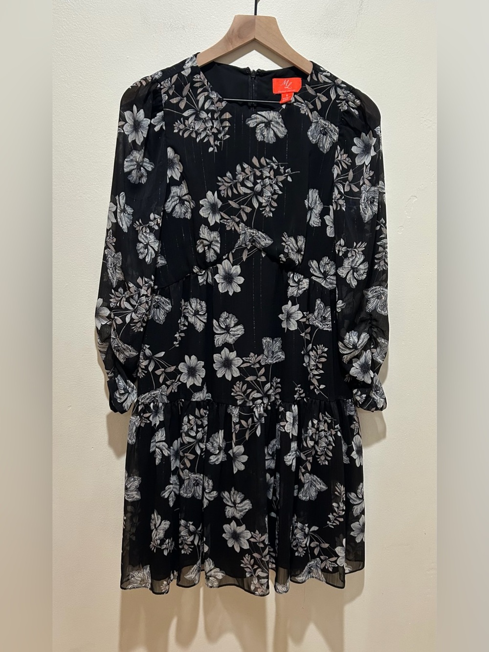 ML Monique Lhuillier Black Floral Printed Chiffon Mini Dress - Women’s Size 6